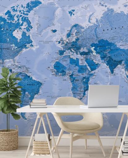 mural azul personalizable de papel pintado de mapa mundial llamado World Map Blue para dormitorios y salas de estar