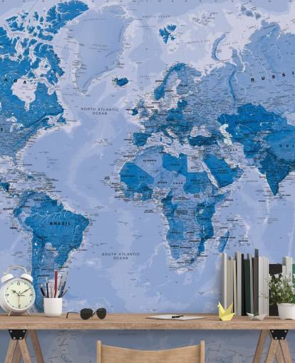 papier peint mural de carte du monde personnalisable bleu appelé World Map Blue pour les chambres et les salons