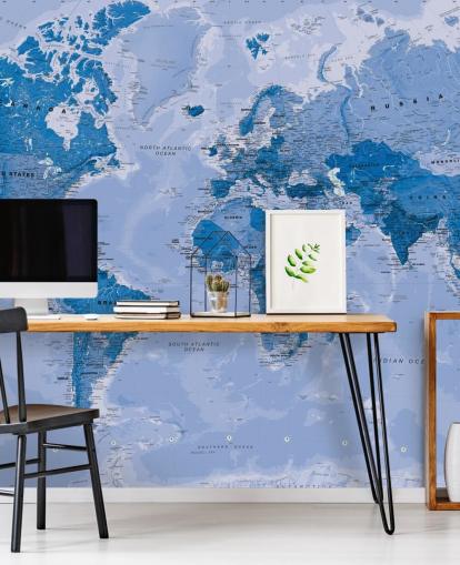 blue customizable world map wallpaper mural called World Map Blue for bedrooms and living rooms