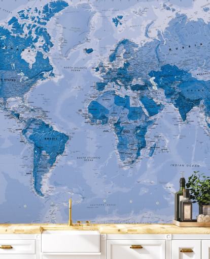 blue customizable world map wallpaper mural called World Map Blue for bedrooms and living rooms