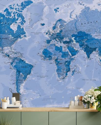 Blaue, anpassbare Weltkarte-Tapete namens World Map Blue für Schlafzimmer und Wohnzimmer