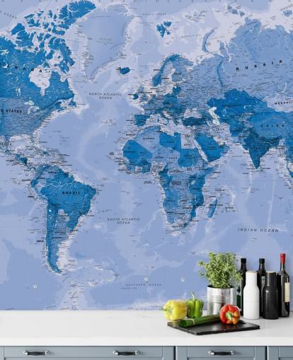 Blaue, anpassbare Weltkarte-Tapete namens World Map Blue für Schlafzimmer und Wohnzimmer