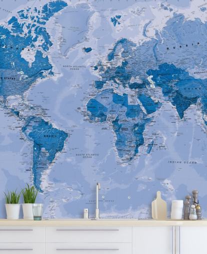 mural azul personalizable de papel pintado de mapa mundial llamado World Map Blue para dormitorios y salas de estar