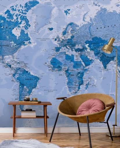 blauwe aanpasbare wereldkaart behangmuurschildering genaamd World Map Blue voor slaapkamers en woonkamers blauwe aanpasbare wereldkaart behangmuurschildering genaamd World Map Blue voor slaapkamers en woonkamers