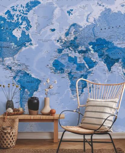 Blaue, anpassbare Weltkarte-Tapete namens World Map Blue für Schlafzimmer und Wohnzimmer Blaue, anpassbare Weltkarte-Tapete namens World Map Blue für Schlafzimmer und Wohnzimmer