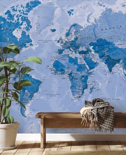 mural azul personalizable de papel pintado de mapa mundial llamado World Map Blue para dormitorios y salas de estar mural azul personalizable de papel pintado de mapa mundial llamado World Map Blue para dormitorios y salas de estar
