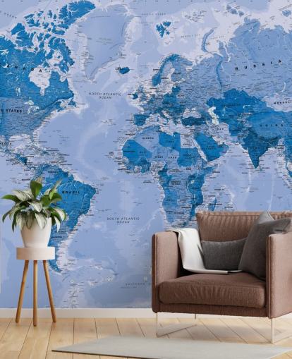 mural azul personalizable de papel pintado de mapa mundial llamado World Map Blue para dormitorios y salas de estar