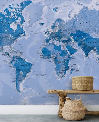 blauwe aanpasbare wereldkaart behangmuurschildering genaamd World Map Blue voor slaapkamers en woonkamers