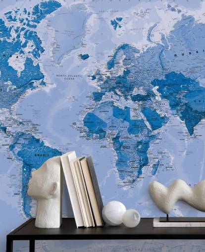 blå tilpasselig verdenskort tapetmaleri kaldet World Map Blue til soveværelser og stuer