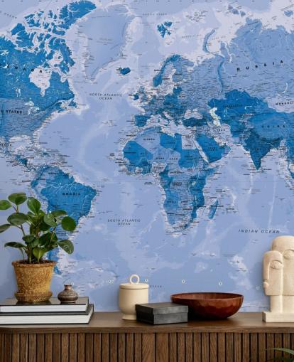 blue customisable world map wallpaper mural called World Map Blue for bedrooms and living rooms