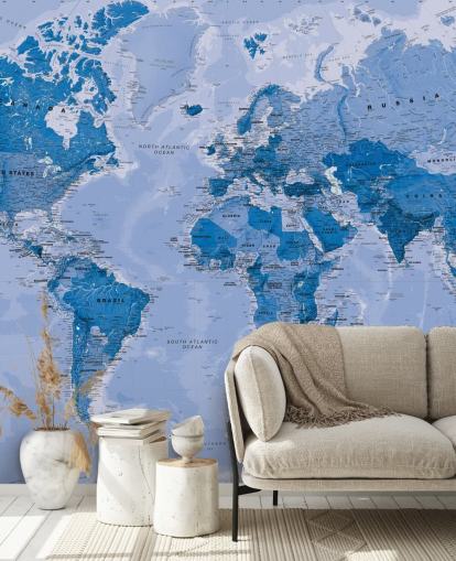 blue customizable world map wallpaper mural called World Map Blue for bedrooms and living rooms blue customizable world map wallpaper mural called World Map Blue for bedrooms and living rooms
