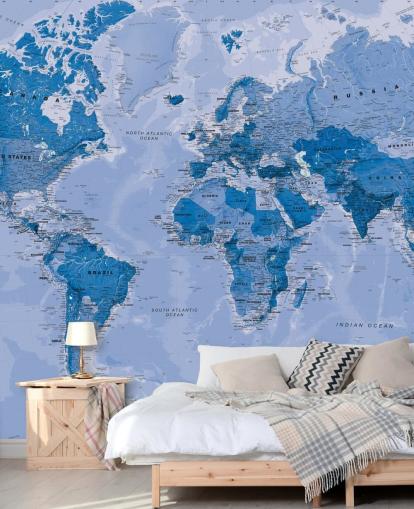 blauwe aanpasbare wereldkaart behangmuurschildering genaamd World Map Blue voor slaapkamers en woonkamers blauwe aanpasbare wereldkaart behangmuurschildering genaamd World Map Blue voor slaapkamers en woonkamers