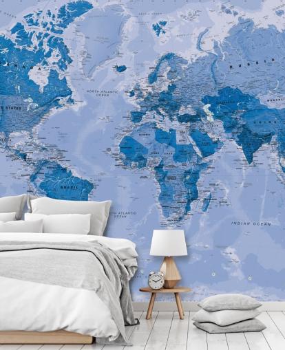 mural azul personalizable de papel pintado de mapa mundial llamado World Map Blue para dormitorios y salas de estar