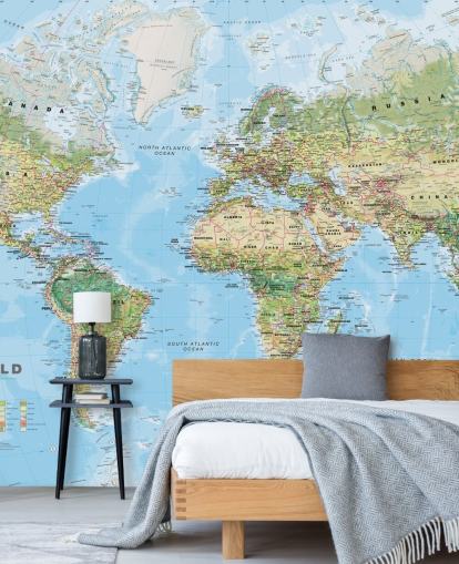 papel pintado de mapa mundial verde y azul llamado World Environmental Map de Lovell Johns para oficinas en casa