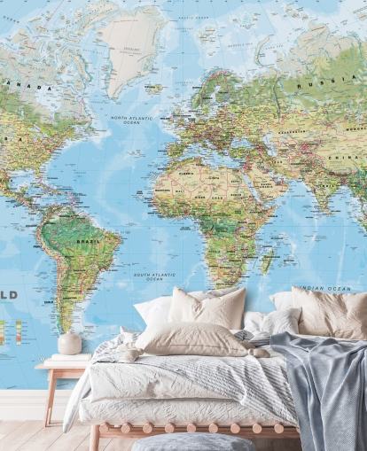 papel pintado de mapa mundial verde y azul llamado World Environmental Map de Lovell Johns para oficinas en casa
