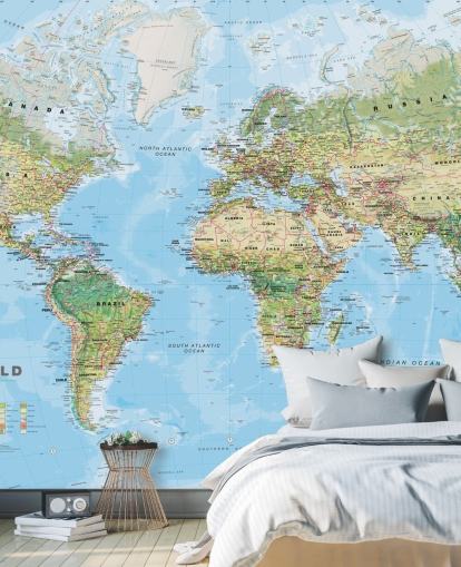 green and blue world map wallpaper called World Environmental Map by Lovell Johns for home offices