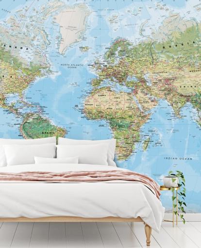 fond d'écran de carte du monde vert et bleu appelé World Environmental Map par Lovell Johns pour les bureaux à domicile