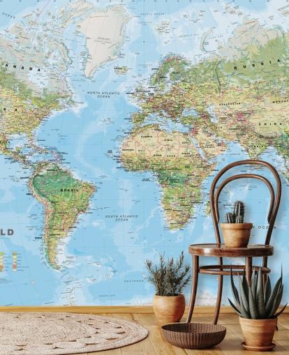 green and blue world map wallpaper called World Environmental Map by Lovell Johns for home offices