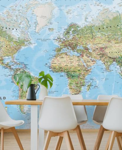 green and blue world map wallpaper called World Environmental Map by Lovell Johns for home offices
