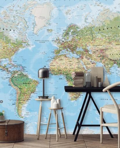 groen en blauw wereldkaartbehang genaamd World Environmental Map van Lovell Johns voor thuiskantoren