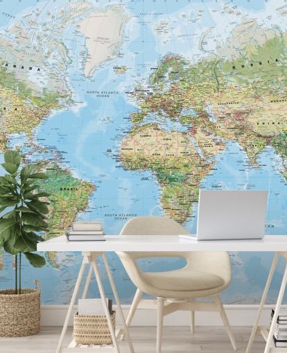 green and blue world map wallpaper called World Environmental Map by Lovell Johns for home offices