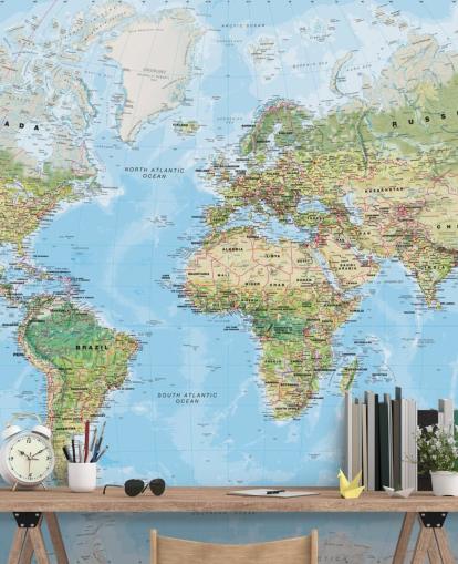 papel pintado de mapa mundial verde y azul llamado World Environmental Map de Lovell Johns para oficinas en casa