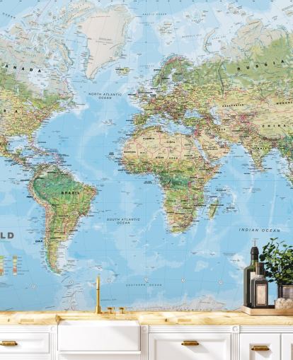 green and blue world map wallpaper called World Environmental Map by Lovell Johns for home offices