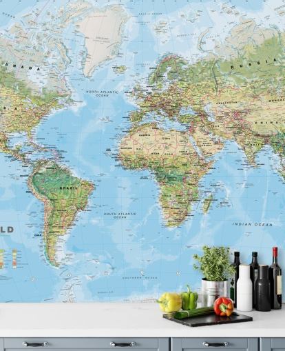 papel pintado de mapa mundial verde y azul llamado World Environmental Map de Lovell Johns para oficinas en casa