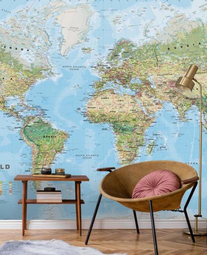 papel pintado de mapa mundial verde y azul llamado World Environmental Map de Lovell Johns para oficinas en casa