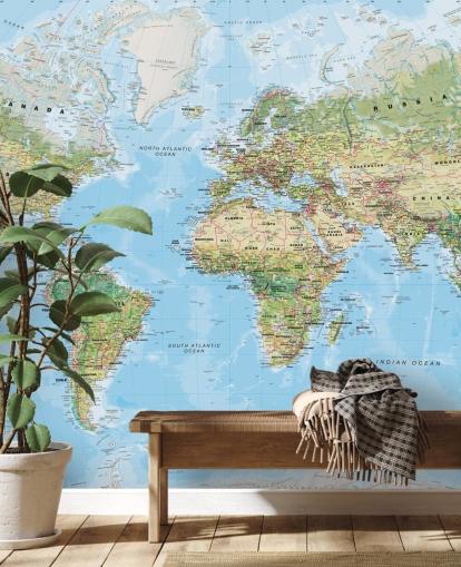green and blue world map wallpaper called World Environmental Map by Lovell Johns for home offices