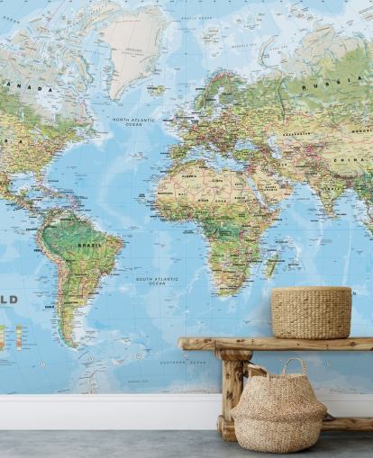 grønt og blått verdenskart tapet kalt World Environmental Map av Lovell Johns for hjemmekontorer