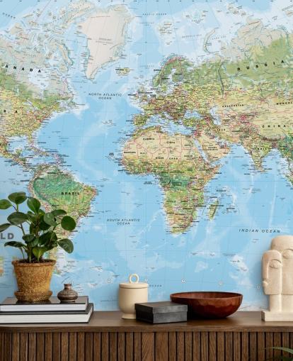 papel de parede de mapa mundial verde e azul chamado Mapa Ambiental Mundial de Lovell Johns para escritórios domésticos