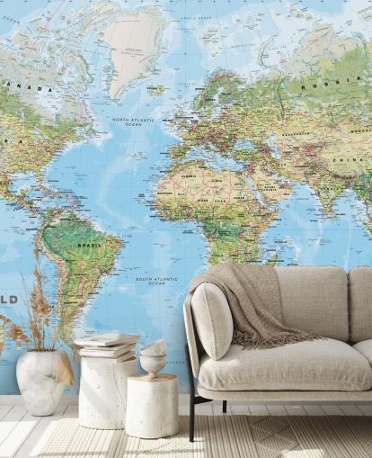 grüne und blaue Weltkarten-Tapete namens World Environmental Map von Lovell Johns für Heimbüros grüne und blaue Weltkarten-Tapete namens World Environmental Map von Lovell Johns für Heimbüros