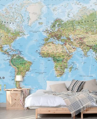 green and blue world map wallpaper called World Environmental Map by Lovell Johns for home offices