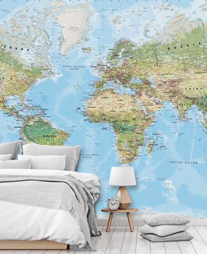 papel pintado de mapa mundial verde y azul llamado World Environmental Map de Lovell Johns para oficinas en casa