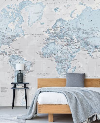 Light Blue Political World Map Mural