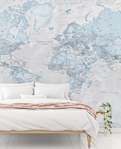 Light Blue Political World Map Mural