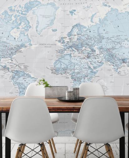 Light Blue Political World Map Mural