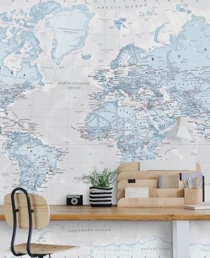 Light Blue Political World Map Mural