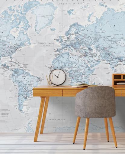Light Blue Political World Map Mural