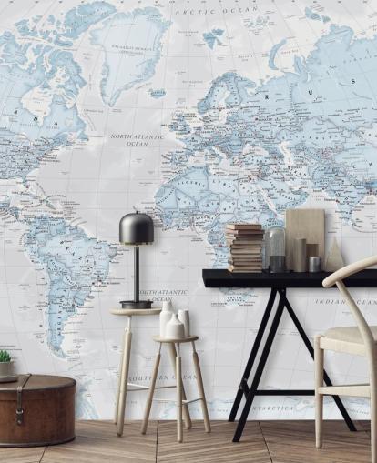 Light Blue Political World Map Mural