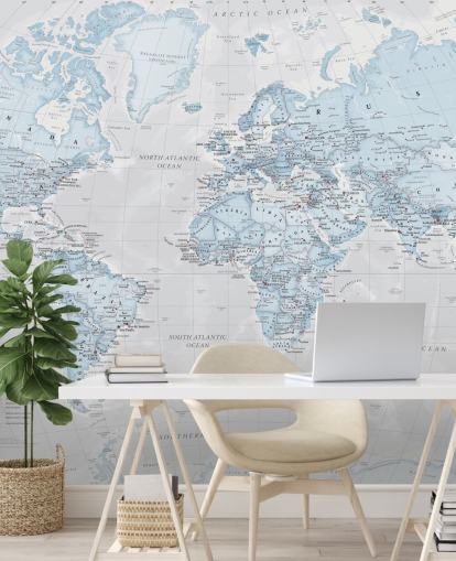 Light Blue Political World Map Mural