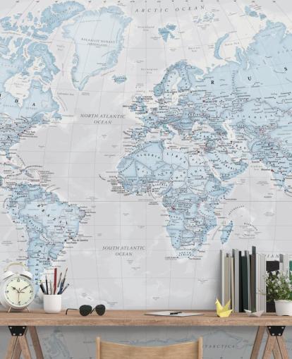 Light Blue Political World Map Mural