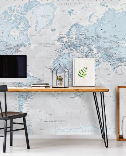 Light Blue Political World Map Mural