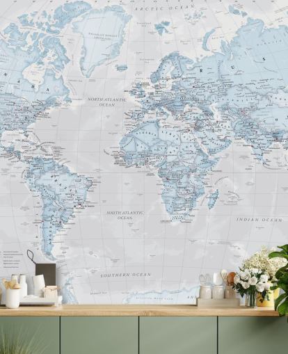 Light Blue Political World Map Mural