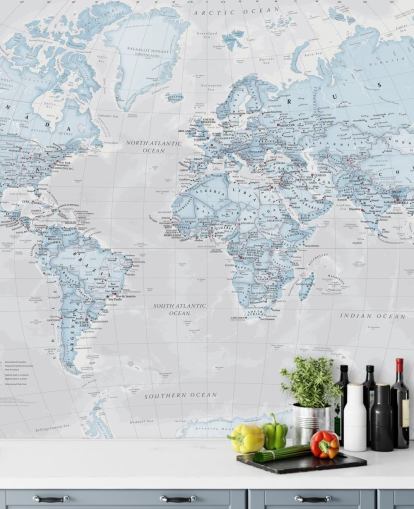 Light Blue Political World Map Mural