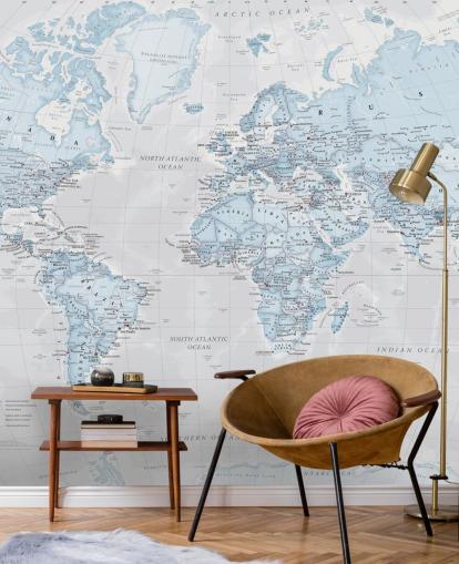 Light Blue Political World Map Mural