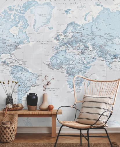 Decorazione murale con mappa del mondo politica azzurra