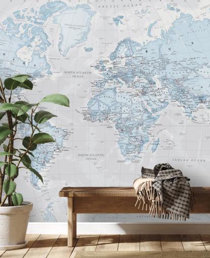 Light Blue Political World Map Mural