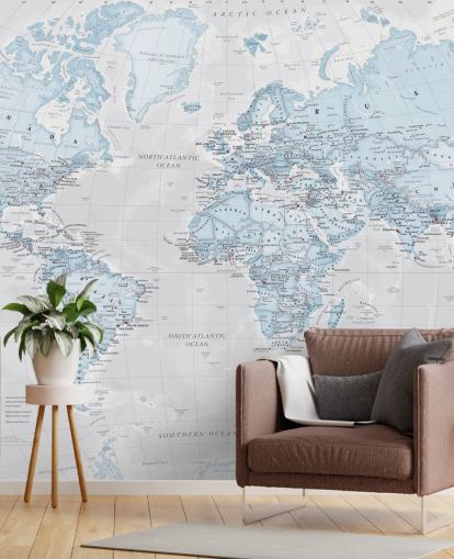 Light Blue Political World Map Mural